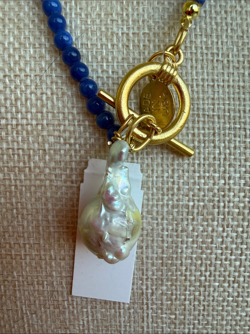 Blue Beaded Necklace with Gold Toggle and Pearl Pendant - Picture 4 of 7